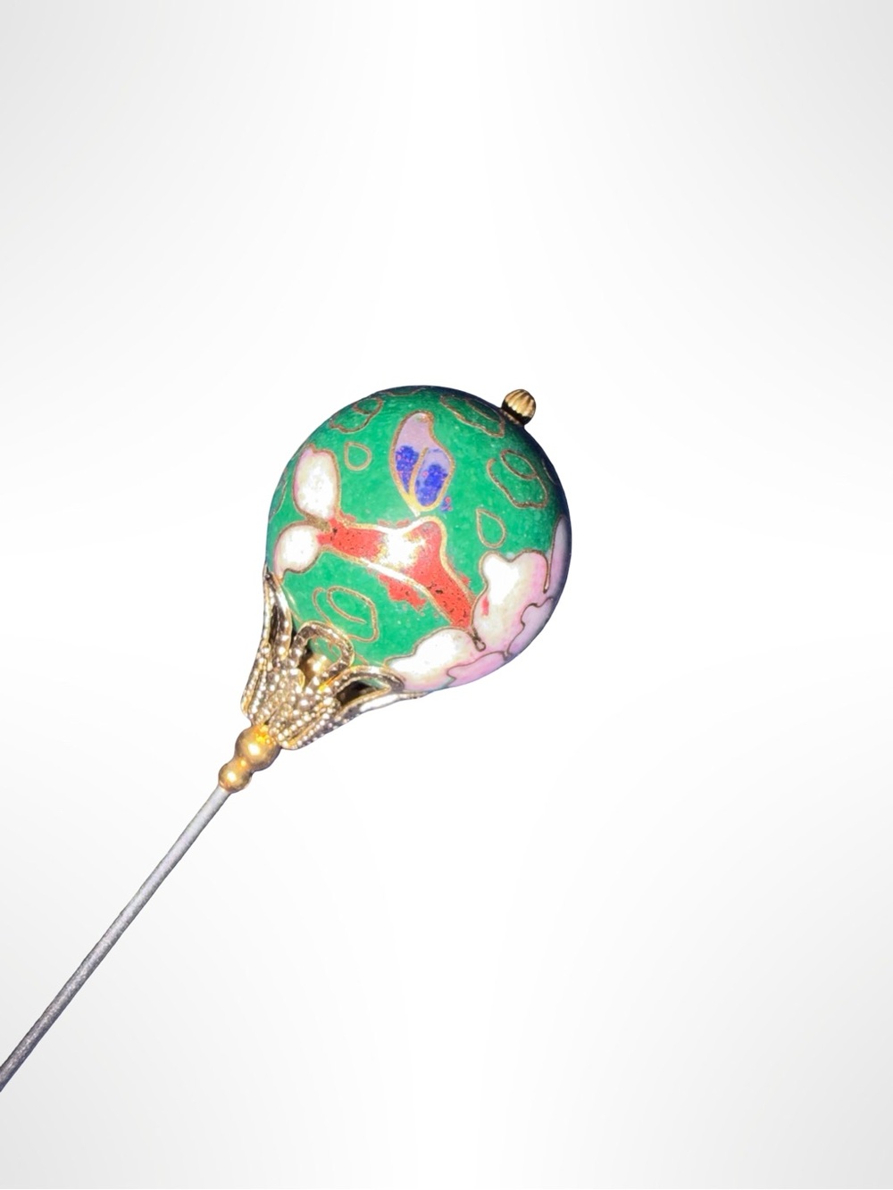 Vintage Chinese Cloisonné Floral Hat Pin Pink Green Enamel Gold Tone - Picture 6 of 9